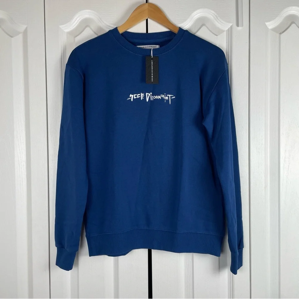 Seek Discomfort Essential Crewneck Sweater Sweatshirt Men’s XS Blue Motivational